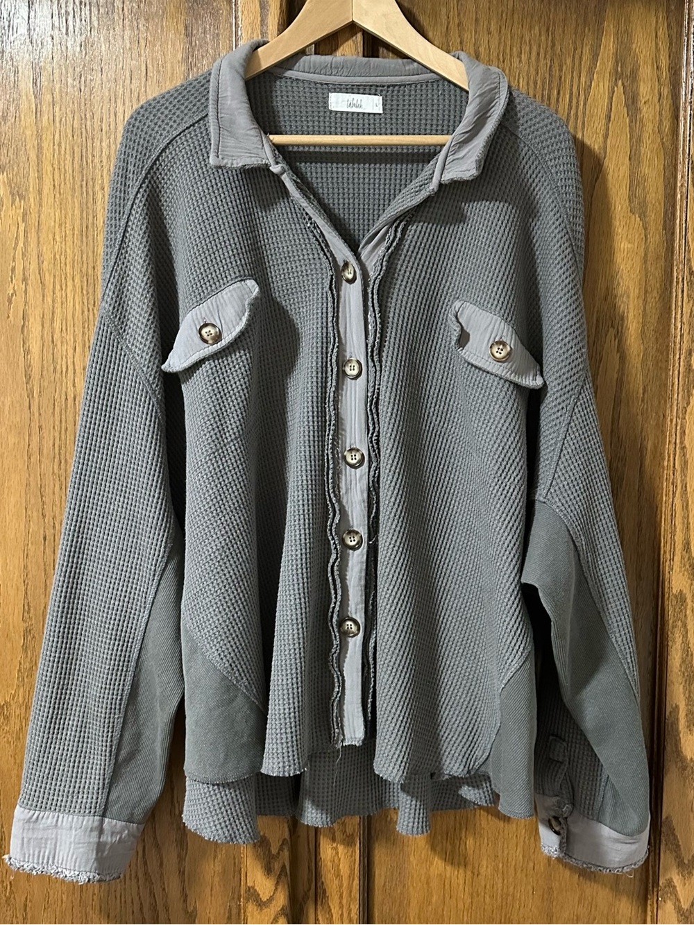 Oversized Waffle Weave Knit Button-Front Shirt Shacket Sz L